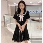 Bow Collared Short-sleeve Chiffon Dress