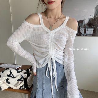 Long-sleeve Suspender Off-shoulder Drawstring Top
