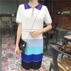 Color Panel Short Sleeve Knit Polo Shirt Dress