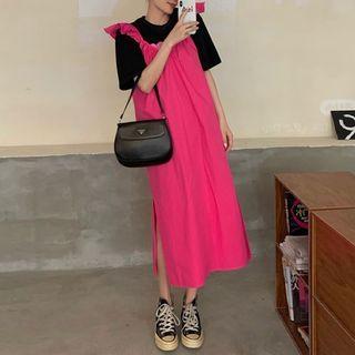 Spaghetti Strap Ruffle Trim Midi Dress / Short-sleeve T-shirt