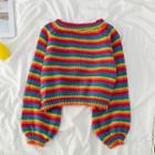 Lantern-sleeve Rainbow Stripe Cropped Sweater Rainbow - One Size