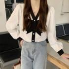 Long-sleeve Contrast Trim Bow Chiffon Blouse White - One Size