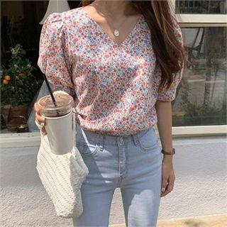 V-neck Puff-shoulder Floral Blouse