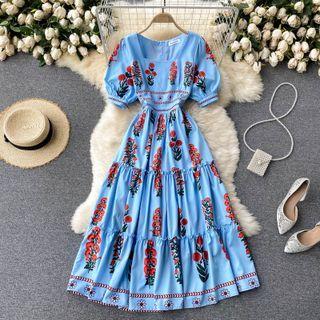 Square-neck Print Puff-sleeve A-line Dress