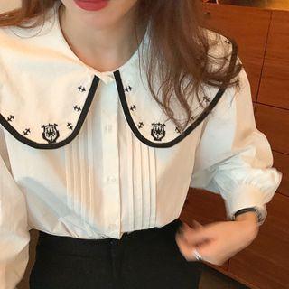 Clown Embroidered Pintuck Blouse White - One Size