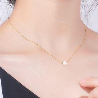 925 Sterling Silver Faux Pearl Necklace Set Of 2 - Gold - One Size