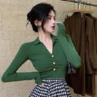 Long-sleeve Open-collar Knit Top / Houndstooth Midi A-line Skirt