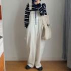 Contrast Stitching Wide Leg Denim Dungaree Pants White - One Size