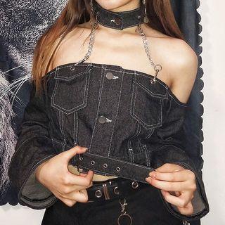 Cold Shoulder Long-sleeve Denim Top