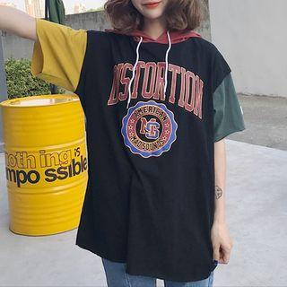 Print Colour Block Short-sleeve Hoodie