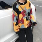 Color-block Cardigan / Plain Knit Skirt