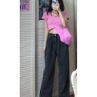 Short-sleeve Cropped T-shirt / Wide Leg Jeans