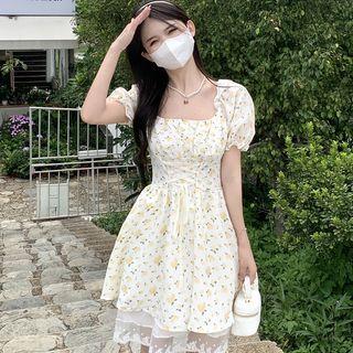 Puff-sleeve Square Neck Floral Lace-up Mini A-line Dress