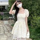 Puff-sleeve Square Neck Floral Lace-up Mini A-line Dress