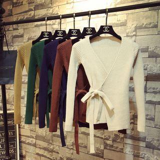 V-neck Side Tie Long-sleeve Knit Top