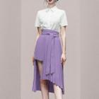 Set: Short-sleeve Shirt + Tie-waist Pleated Irregular A-line Skirt