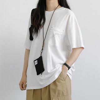Round Neck Plain Short Sleeve T-shirt With Front Pocket