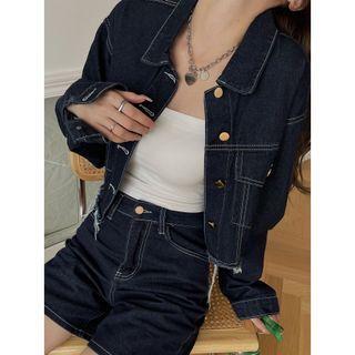Set: Contrast Stitching Denim Jacket + Shorts