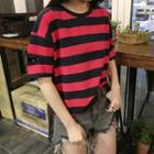 Striped Ripped Elbow Sleeve T-shirt