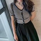 Short-sleeve Striped Knit Top Black & White - One Size