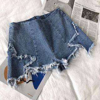 Asymmetric Frayed Hem Zip Denim Shorts