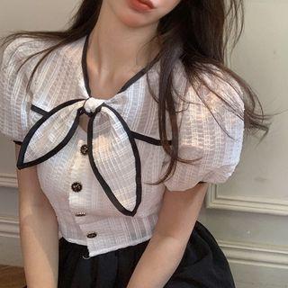 Puff-sleeve Bow-neck Cropped Blouse
