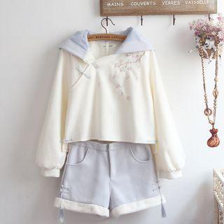 Flower Embroidered Hoodie / Contrast Trim Shorts / Set