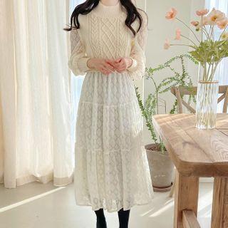Inset Vest Tiered Long Lace Dress