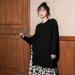 Color-block Panel Floral Long-sleeve Dress