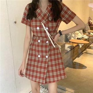 Plaid Short-sleeve Slim-fit Shirtdress