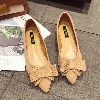 Beaded Bow Tie Pointed Toe Kitten Heel Pumps