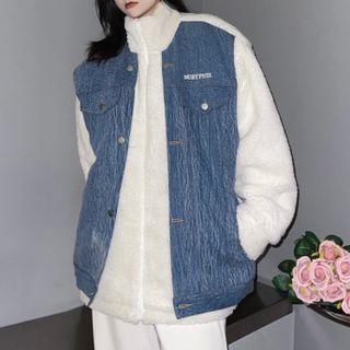 Mock Two-piece Denim Panel Fleece Zip Jacket