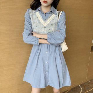 Mock Two Piece Frayed Shirt Dress Dress - One Size