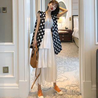 Camisole Top / Layer Tiered Midi Skirt / Dotted Vest