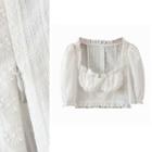 Frill-trim Puff Short-sleeve Eyelet Embroidered Cropped Blouse