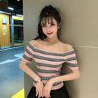 Striped Short-sleeve Knit Top Pink - One Size