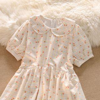 Puff-sleeve Floral Print A-line Dress Pink & Blue & Beige - One Size