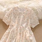 Puff-sleeve Floral Print A-line Dress Pink & Blue & Beige - One Size