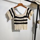 Short-sleeve Striped Knit Crop Top Black - One Size