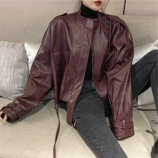 Long-sleeve Faux Leather Cargo Jacket