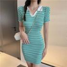 Short-sleeve Placket Striped Mini Bodycon Dress