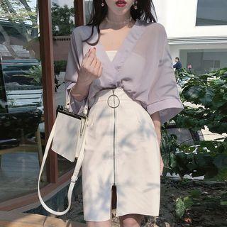 V-neck Sheer Chiffon Top / Zipper Pencil Skirt