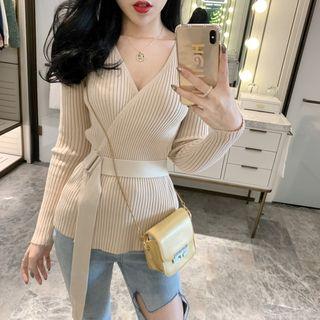 Belted V-neck Rib Knit Top
