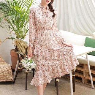 Tie-neck Ruffle-hem Floral Long Dress