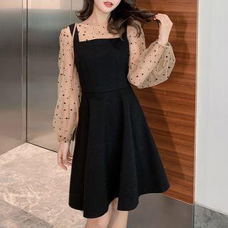 Set: Sheer Long-sleeve Top + A-line Jumper Dress