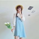 Ruffle Trim 3/4-sleeve Blouse / Frayed Trim Denim Spaghetti Strap Dress