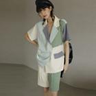 Color Panel Double-breasted Short-sleeve Blazer / Shorts