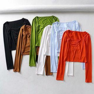 Cropped Square-neck Long-sleeve T-shirt