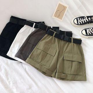 Plain Roll-up High-waist Cargo Shorts With Belt