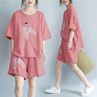Set: Short-sleeve Cartoon Print T-shirt + Shorts